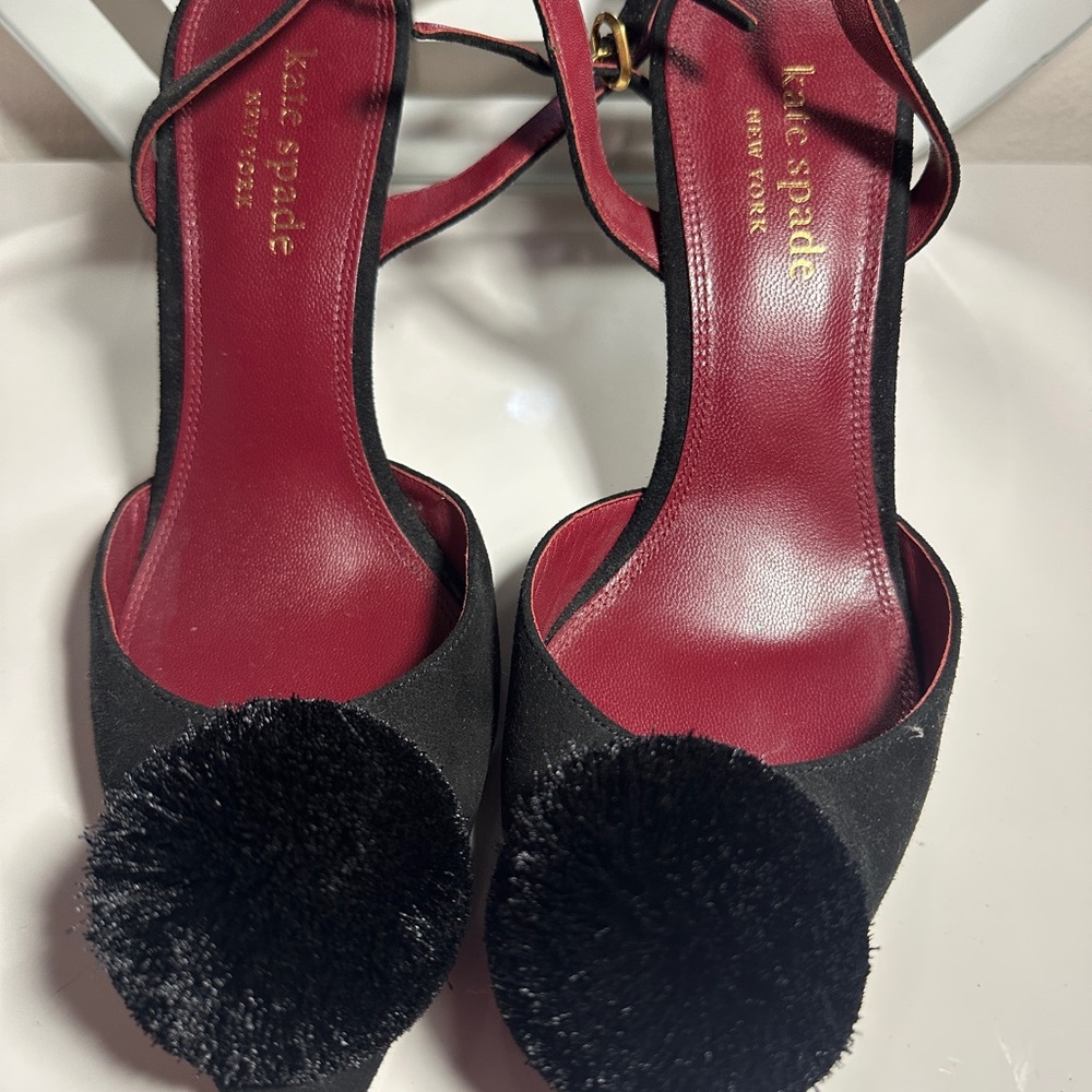 Kate Spade Amour Pom Pumps Black and Red Heels